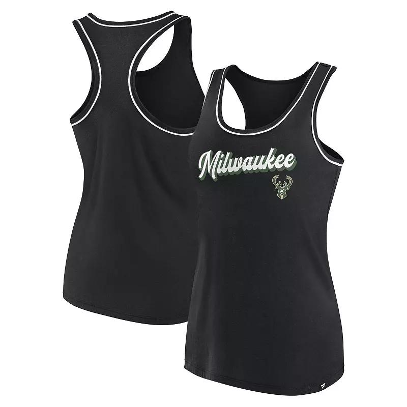 Women's Fanatics Branded Black Milwaukee Bucks Wordmark Logo Racerback Tank Top,  Product Image