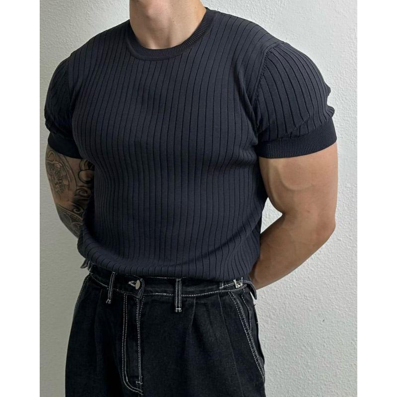 Short-Sleeve Crew Neck Plain Ribbed Knit Top Product Image
