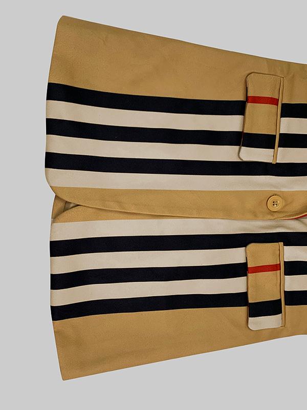 Long Sleeves Loose Buttoned Split-Joint Striped Stand Collar Woolen Coat Product Image