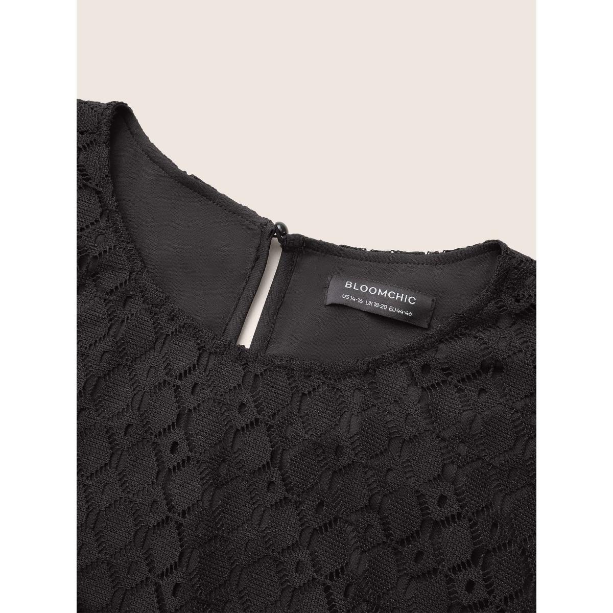 Plus Size Black Geometric Lace Panel Round Neck Blouse Women Elegant Long Sleeve Round Neck Party Blouses BloomChic 22-24/3X Product Image