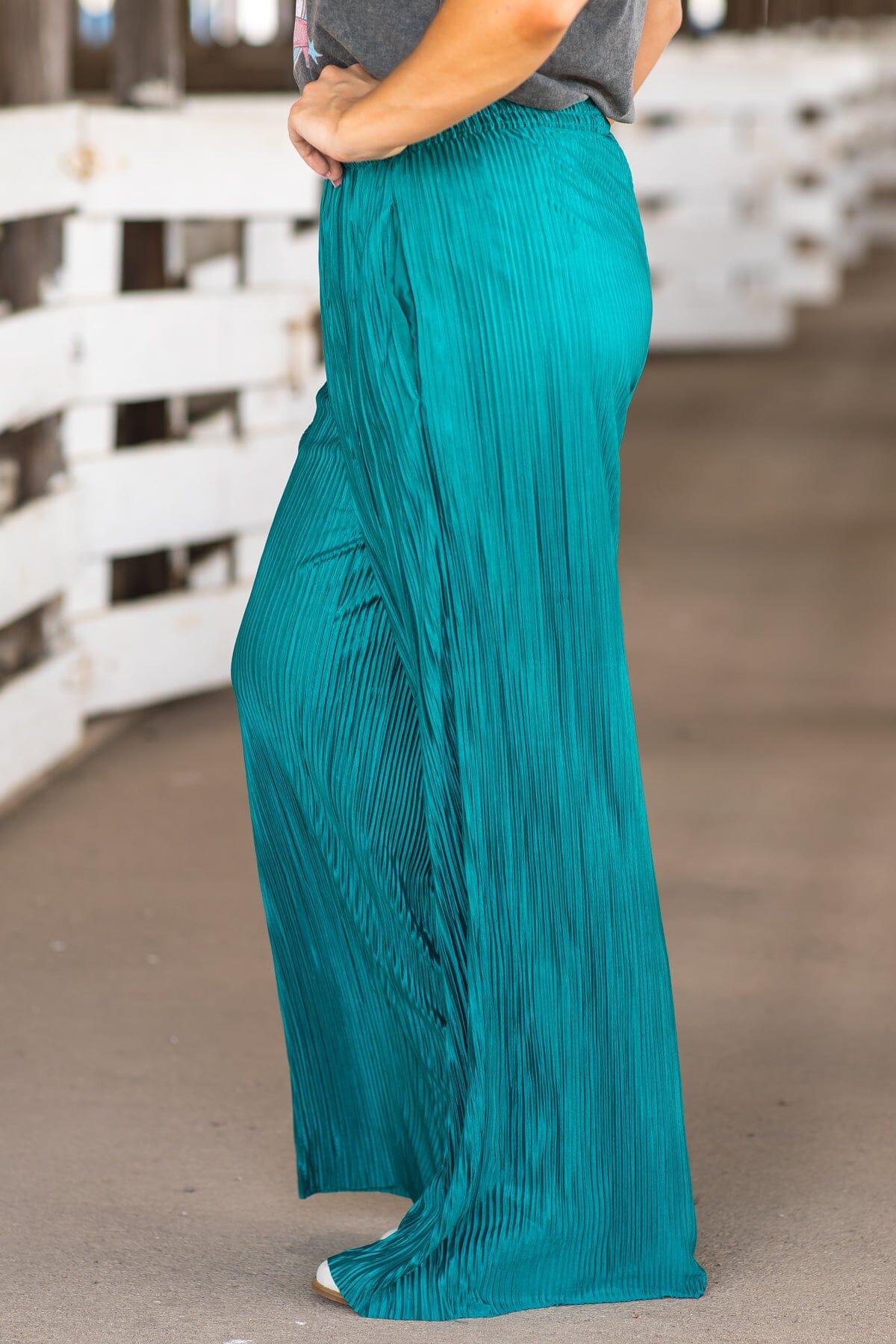 Turquoise Crystal Pleat Wide Leg Pants Product Image