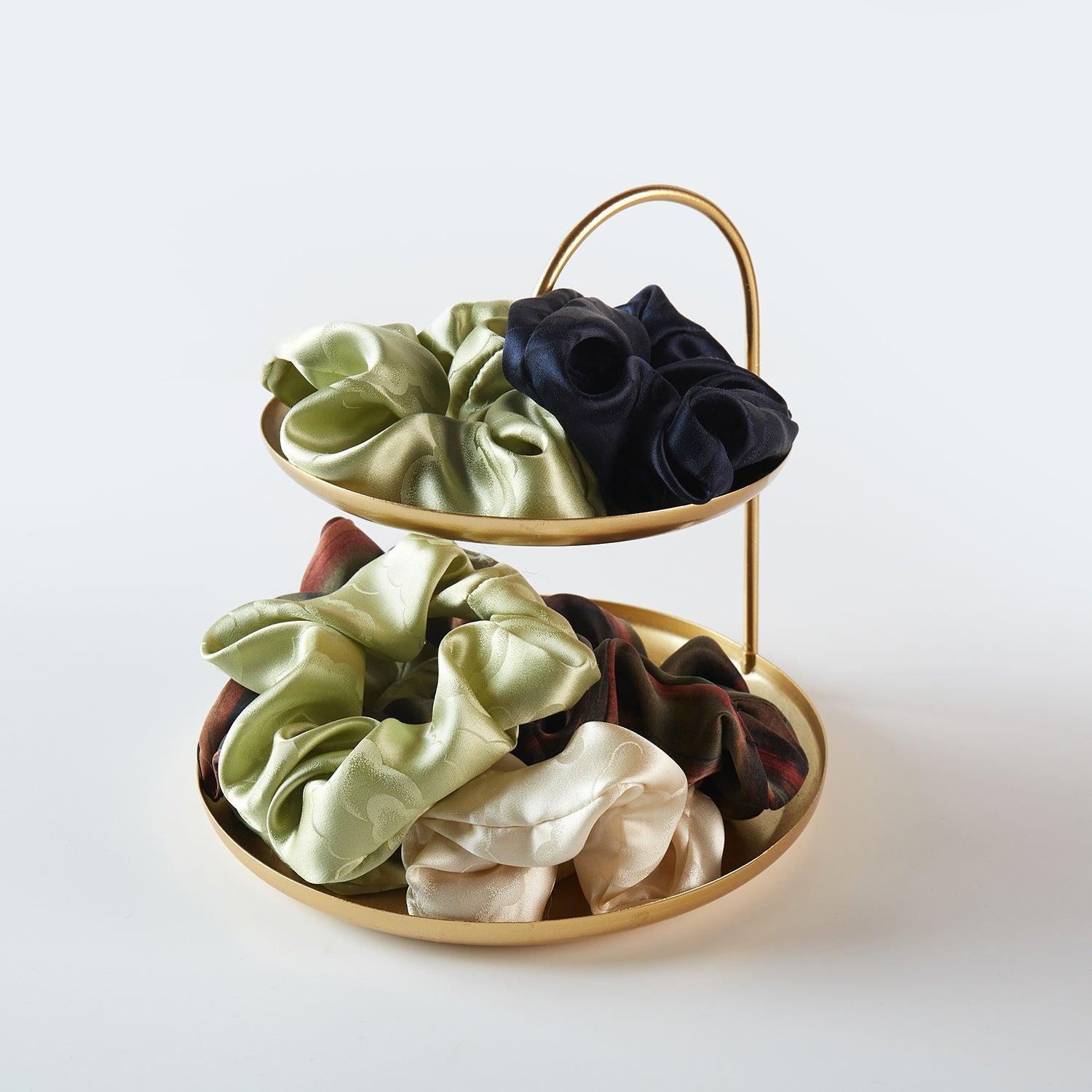 Set of 4 Pure Mulberry Silk French Scrunchie | Clouds and Rivers | Jacquard Silk & Tea Silk | 2 inch | 20 Momme | Brush Collection Product Image