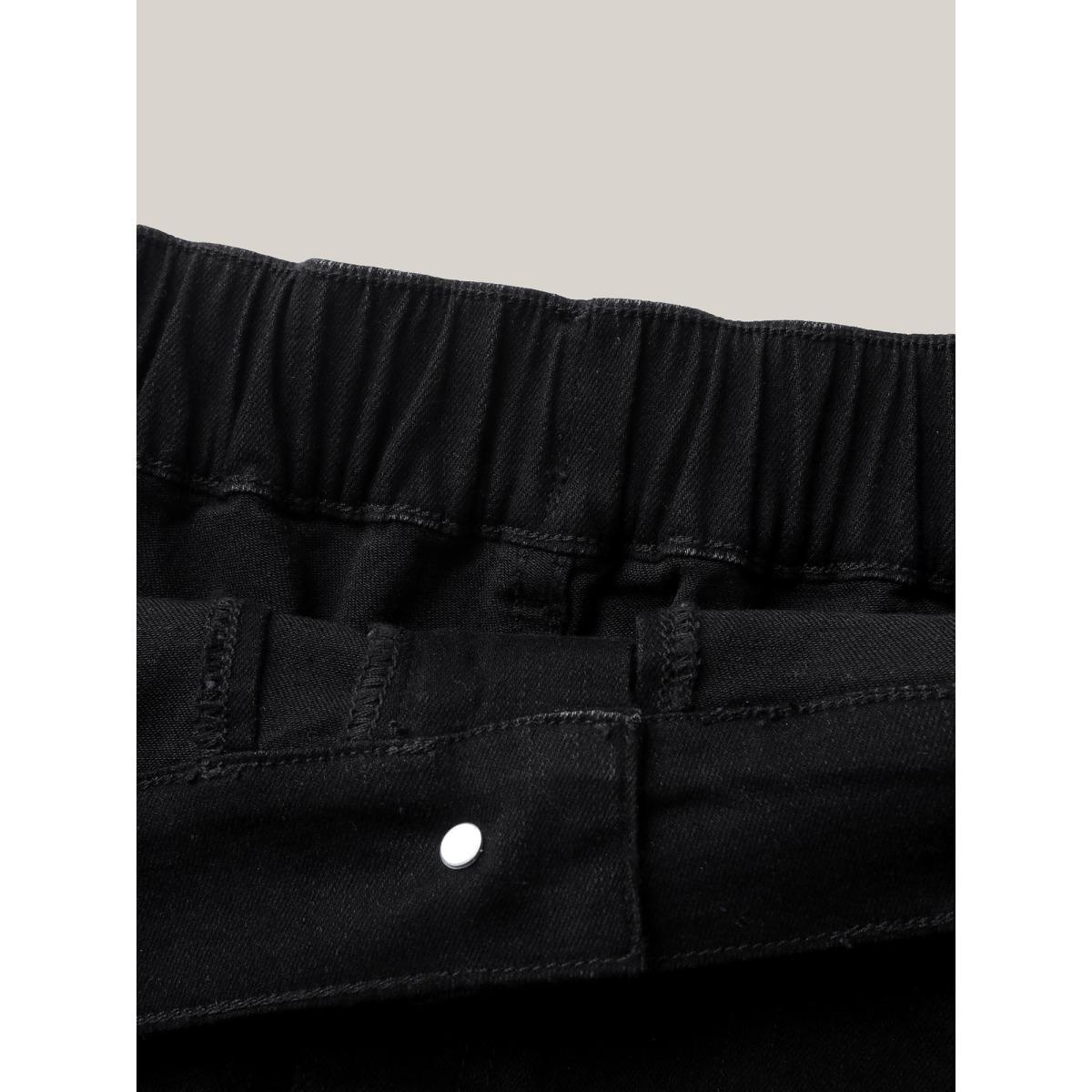 Plus Size Plain Slit Fitted Denim Skorts Women Denimblack Low stretch Casual Slanted pocket Denim Shorts BloomChic 28/5X Product Image