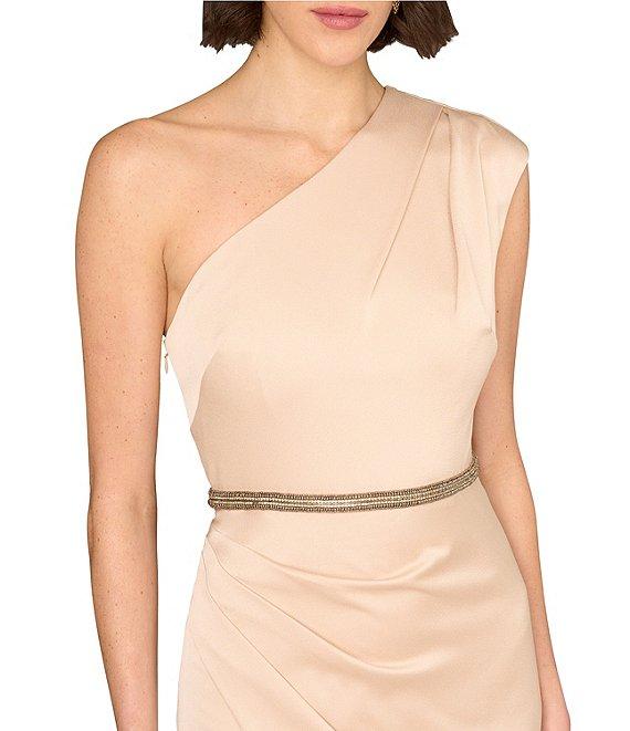Aidan Mattox One Shoulder Beaded Waistband Satin Sheath Gown Product Image