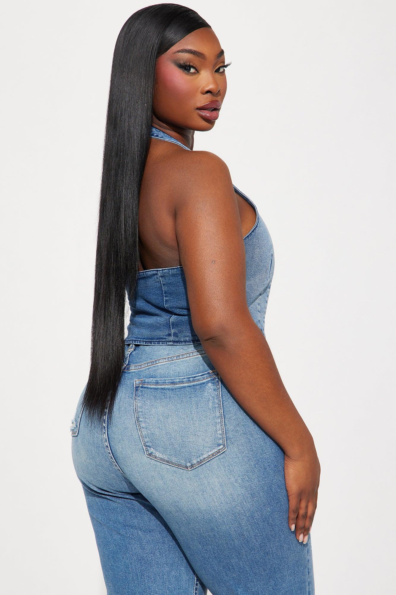 Dominique Denim Halter Top - Medium Wash Product Image