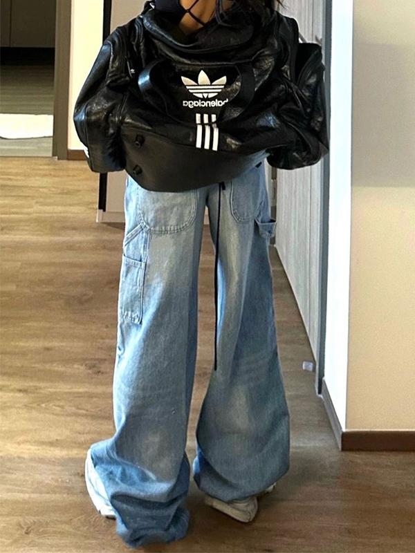 Washed Big Pocket Patchwork Loose Boyfriend Jeans Product Image