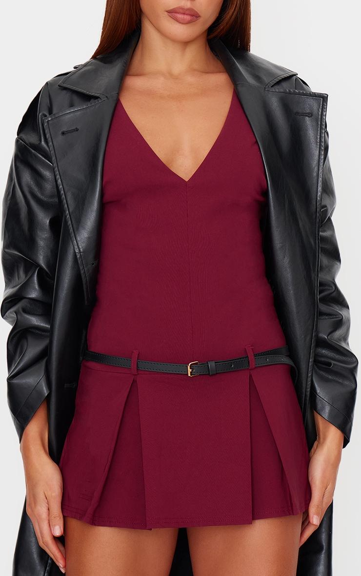 Burgundy Stretch Woven Pleated Belted Skort Romper Product Image