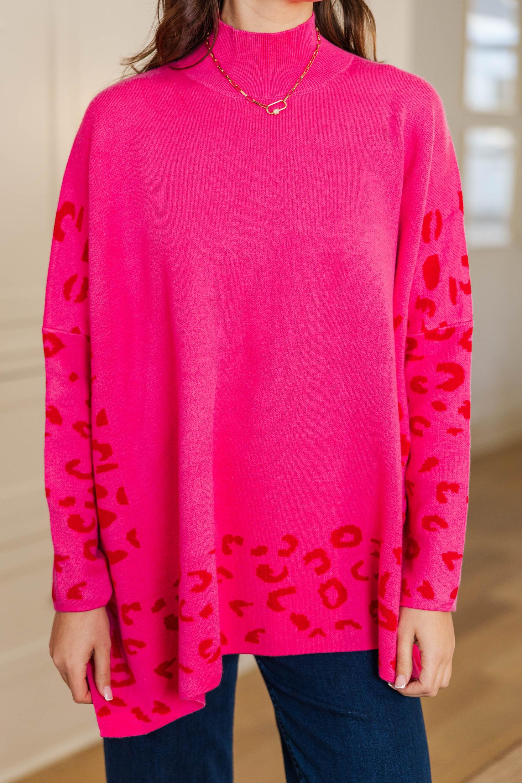 All In Theory Fuchsia Pink Leopard Sweater Tunic Female Product Image