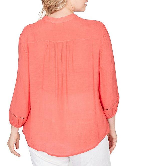 Ruby Rd. Plus Size Silky Slub Woven Split V-Neck 3/4 Sleeve Button Front Top Product Image