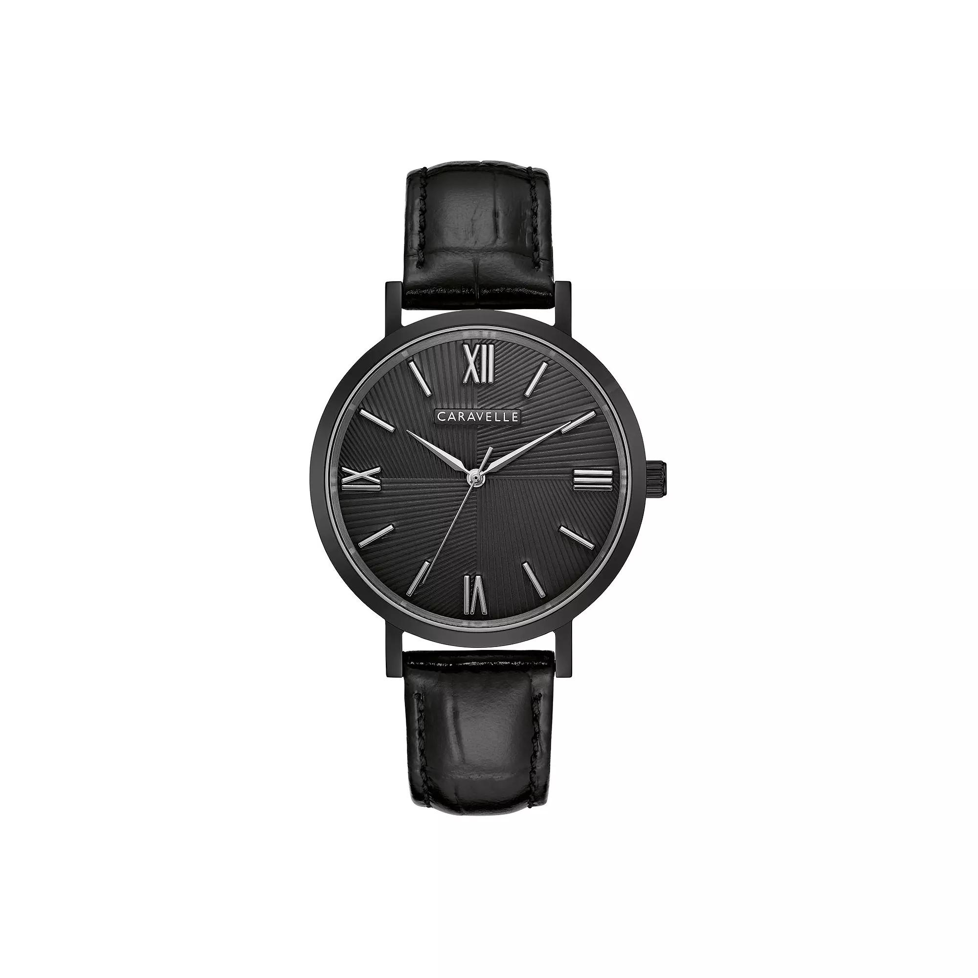 Caravelle by Bulova Men's Black Stainless Steel Leather Strap Watch - 45A148, Size: Large Product Image
