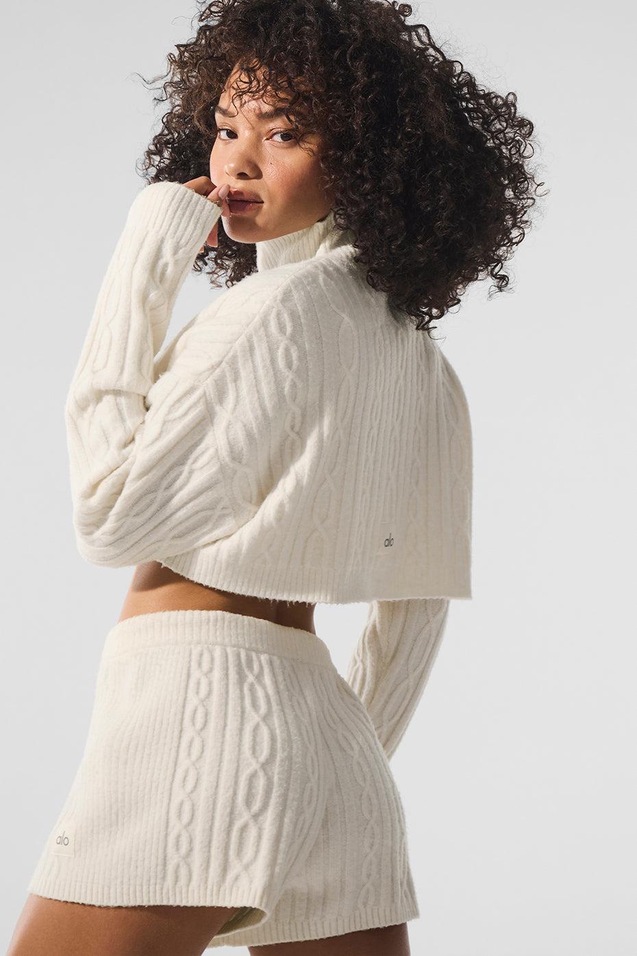 Cable Knit Cropped Winter Bliss Turtleneck Long Sleeve - Ivory Female Product Image