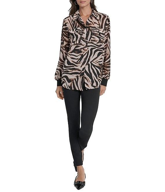 DKNY by Donna Karan Zebra Print Crinkle Chiffon Long Sleeve Collared Button Front Blouse Product Image