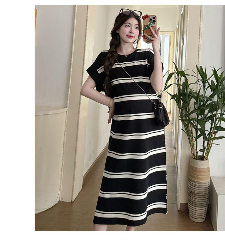 Maternity Short-Sleeve Round Neck Striped Midi T-Shirt Dress Product Image