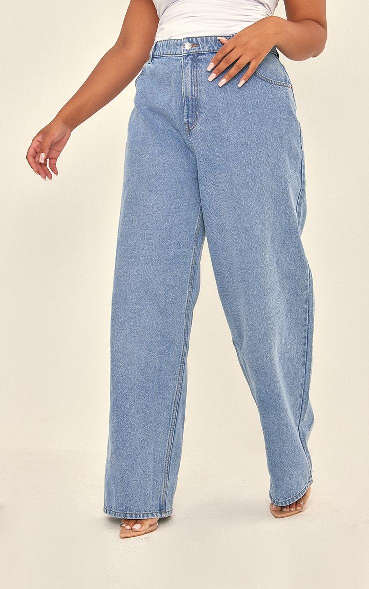 PRETTYLITTLETHING Plus Mid Blue Wash High Rise Boyfriend Jeans Product Image