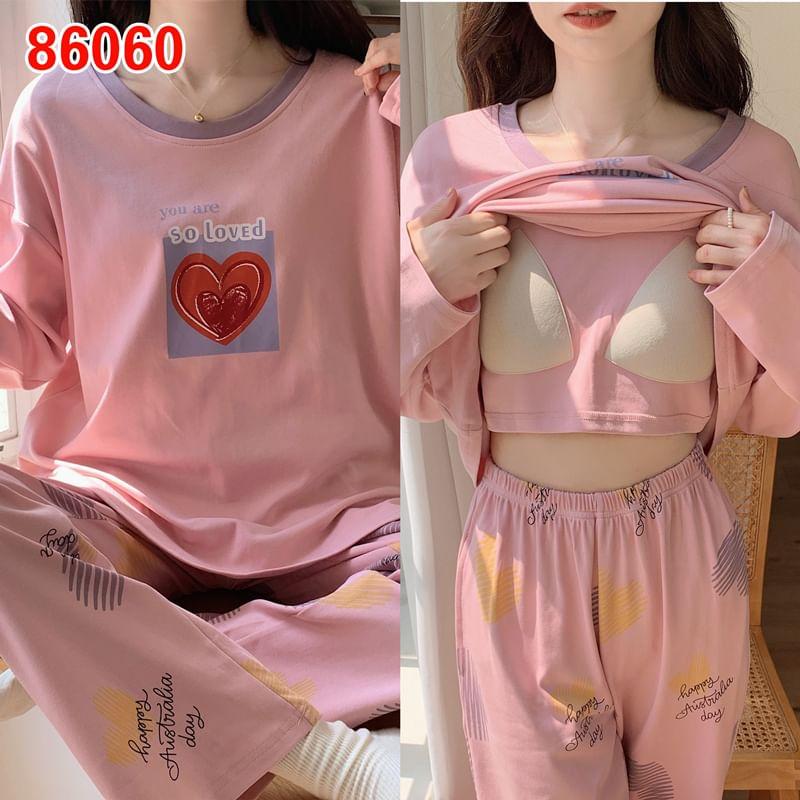 Pajama Set: Long-Sleeve Crew Neck Leopard Print Padded T-Shirt + Pants Product Image