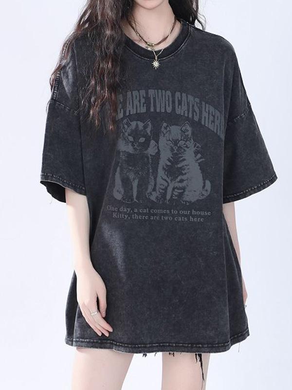 Cat Print Oversized Short Sleeve Tee Product Image