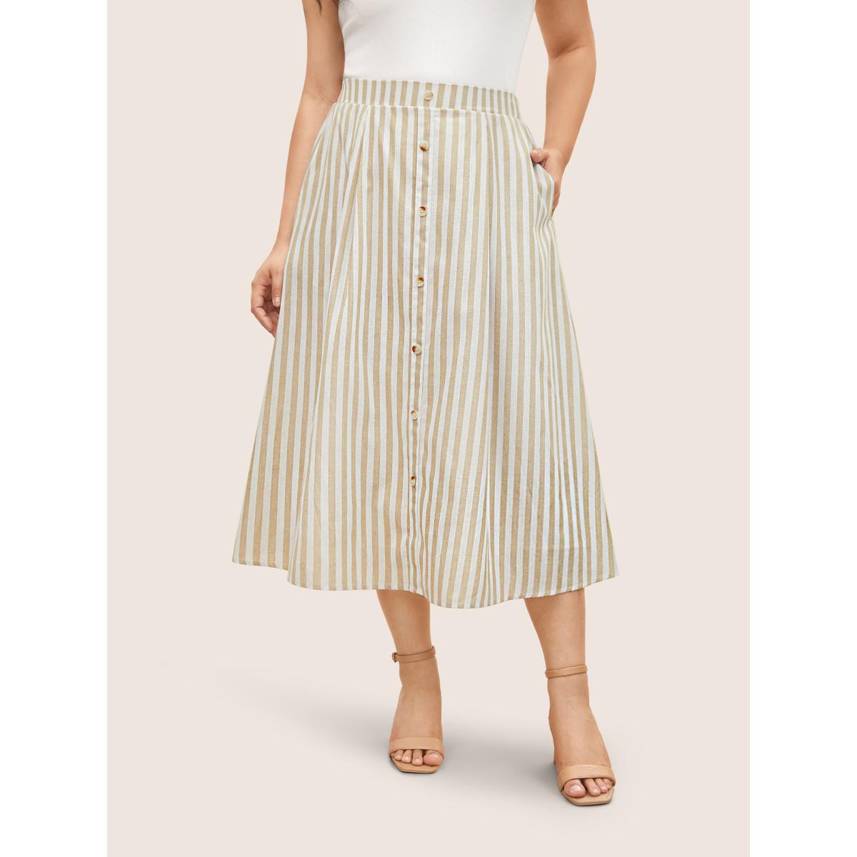 Plus Size Stripes Elastic Waist Button Detail Pocket Skirt Women Apricot Work From Home Button No stretch Slanted pocket Work Skirts BloomChic 30/6X Product Image