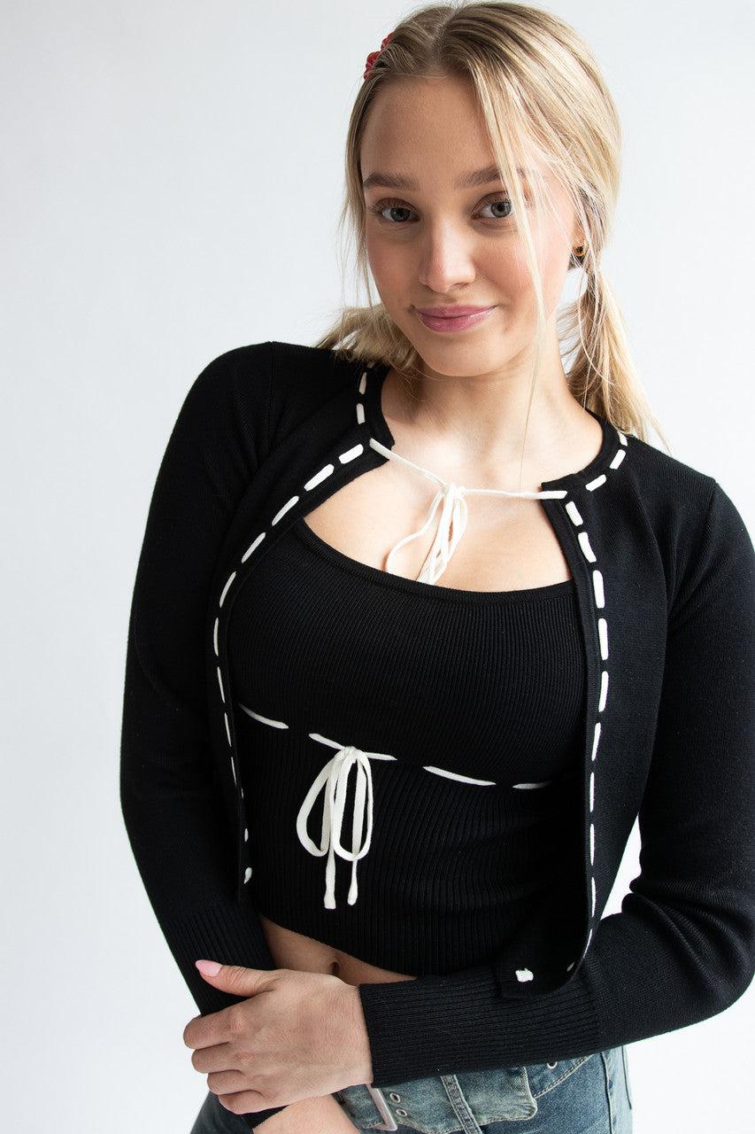 Running Stitch Tie Front Knit Cardigan Product Image