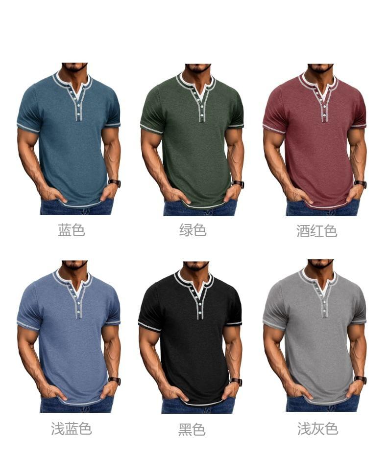 Mock Two-Piece Short-Sleeve Contrast Stitched Henley T-Shirt Product Image