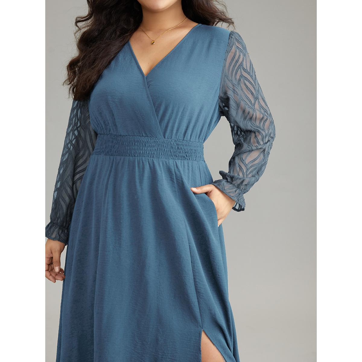Plus Size Graphic Mesh Patchwork Pocket Split Side Dress Cerulean Women Elegant Wrap Overlap Collar Long Sleeve Curvy Midi Dress BloomChic 10/M Product Image