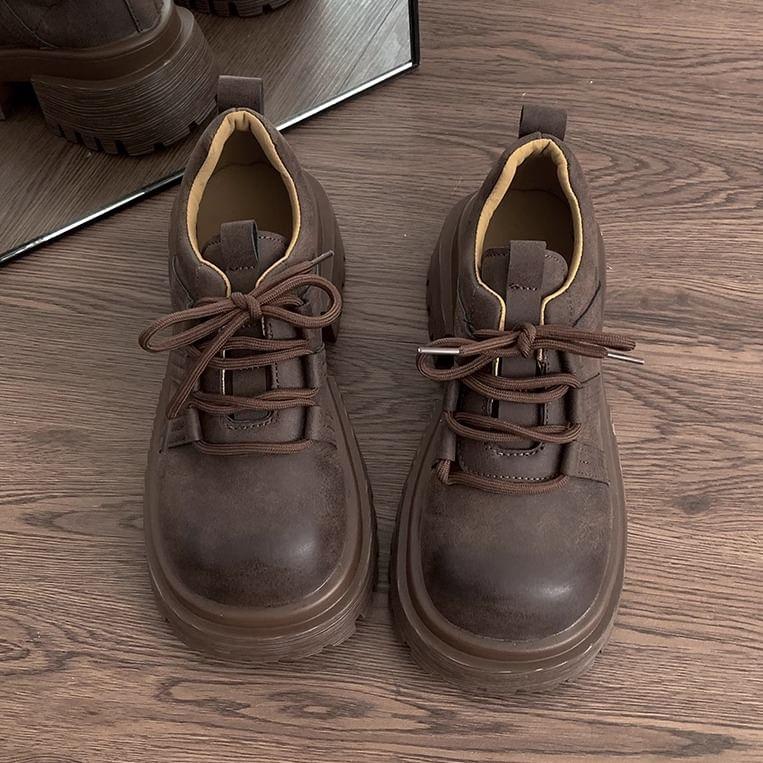 Platform Plain Lace-Up Faux Leather Shoes Product Image