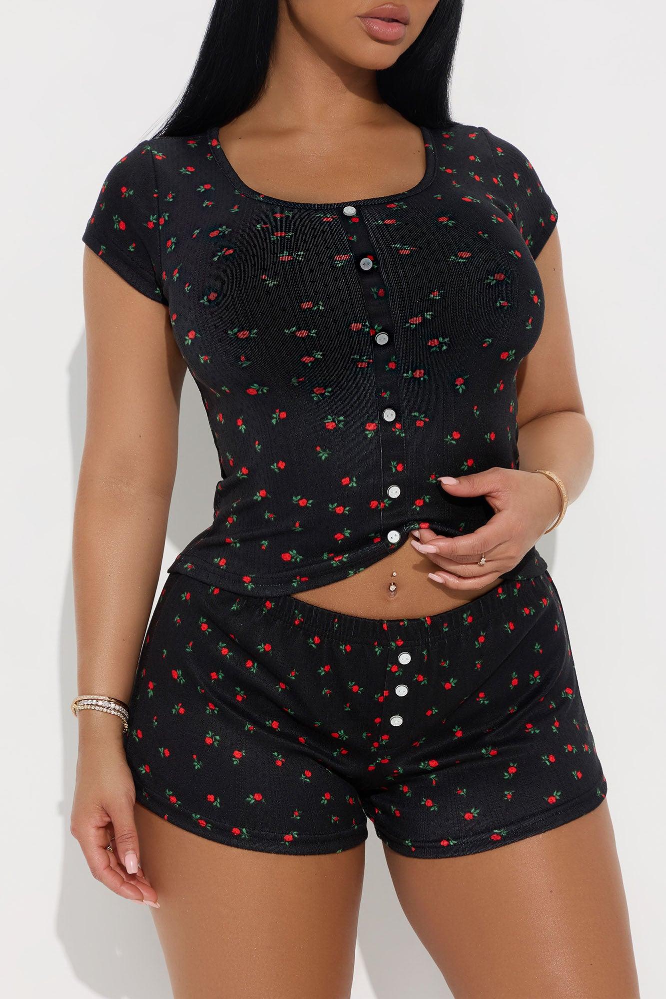 Floral Bloom Pointelle PJ Short Set - Black/Red Female Product Image
