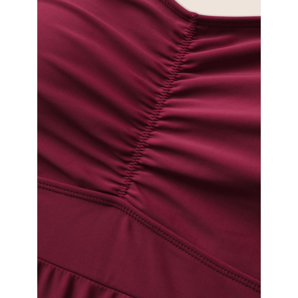 Plus Size Heart Neckline Gathered Patchwork Lace Trim Swim Dress Women's Swimwear Deepred Beach Bodycon Heart neckline High stretch Curve Swim Dresses BloomChic 22-24/3X Product Image