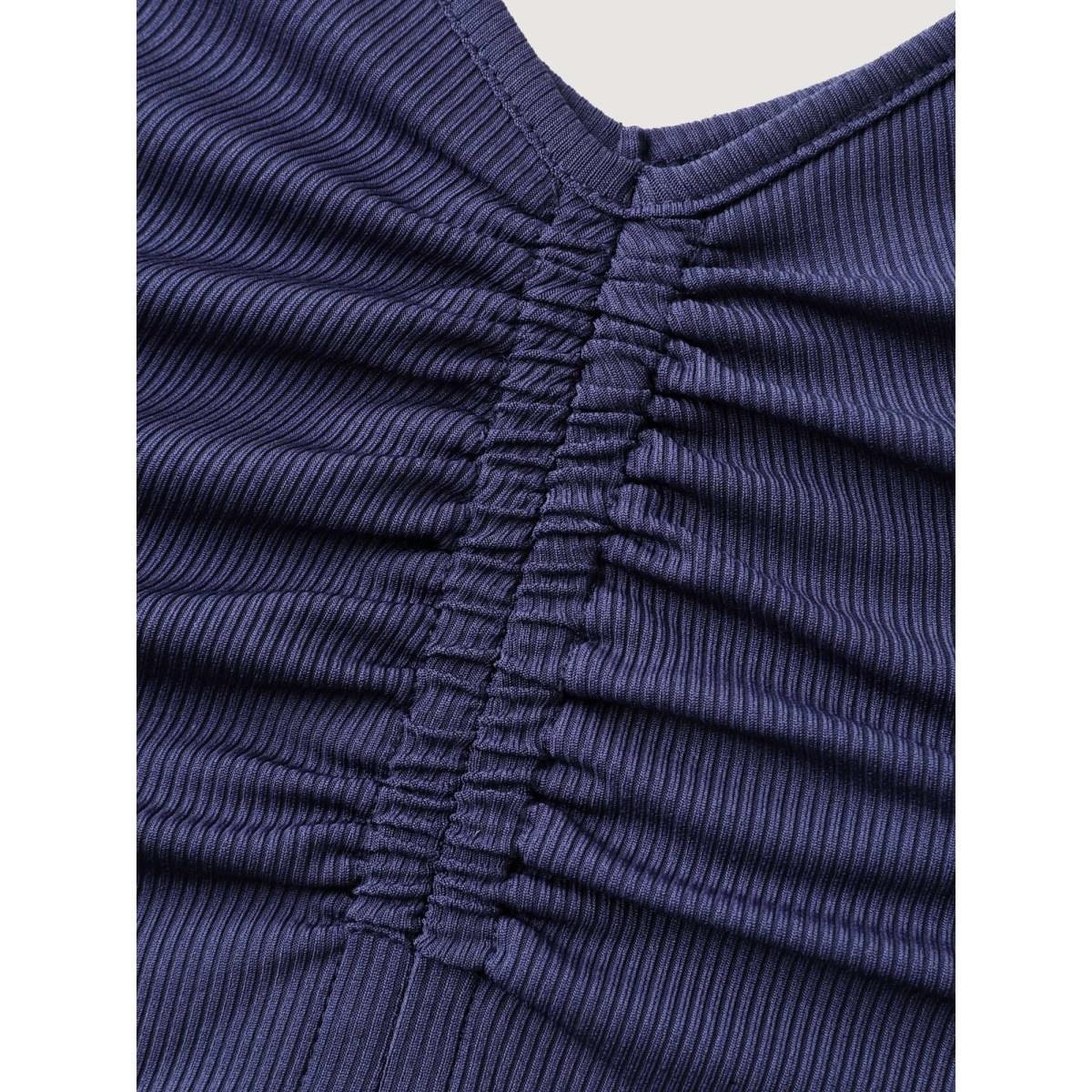 Plus Size DarkBlue Stretchy Ruched Pleated Wide-Leg Jumpsuit Women Sleeveless V-neck Everyday-Casual Loose Jumpsuits BloomChic 26/4X Product Image