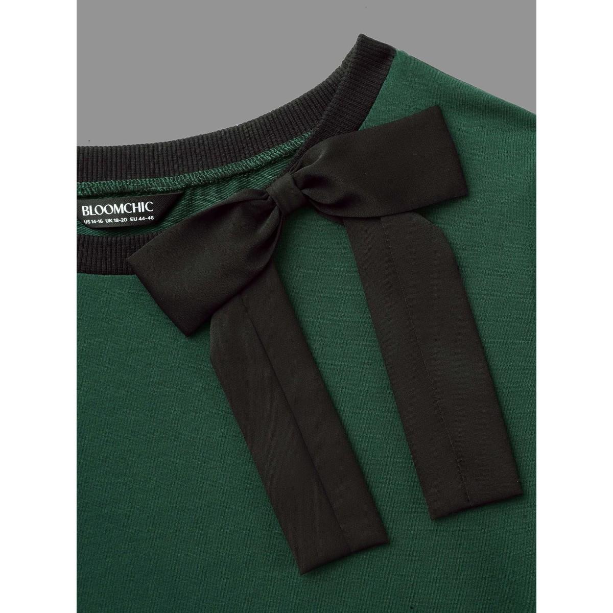 Plus Size Bow-tie Detailing High Neck Sweatshirt Women DarkGreen Leisure Contrast Round Neck Casual Sweatshirts BloomChic 14-16/1X Product Image