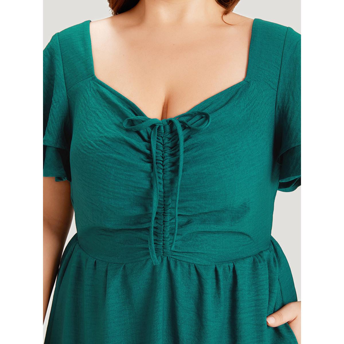 Plus Size Solid Drawstring Pocket Ruffle Trim Layered Dress Teal Women Elegant Gathered V-neck Short sleeve Curvy Midi Dress BloomChic 22-24/3X Product Image