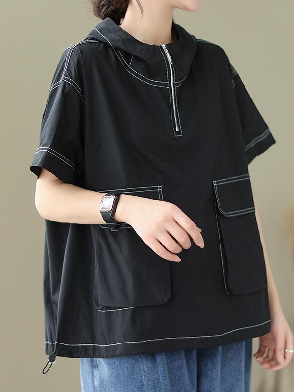 Loose Short Sleeves Zipper Hooded T-Shirts Tops Product Image