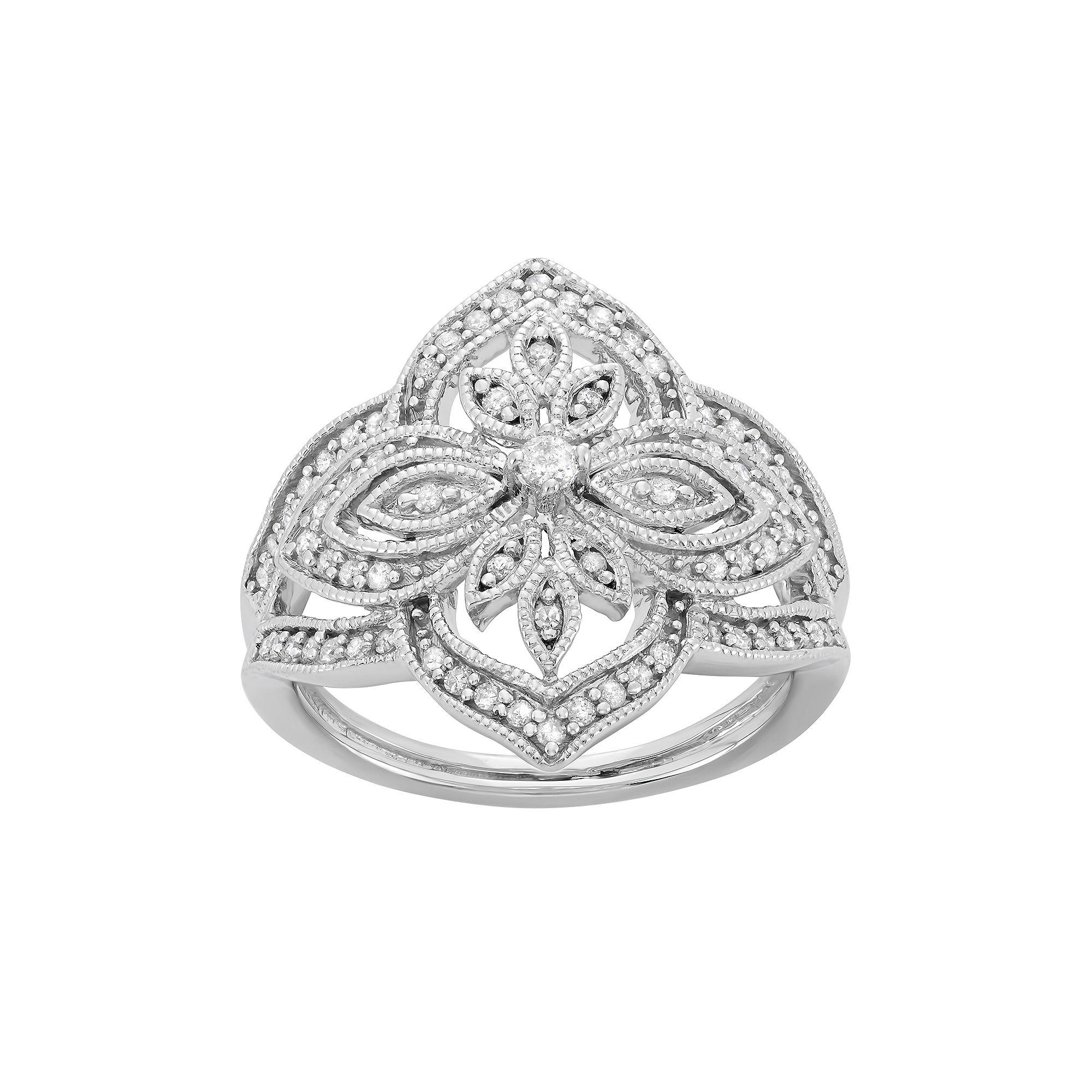 3/8 Carat T.W. Diamond Sterling Silver Flower Ring, Women's, Size: 6, White Product Image