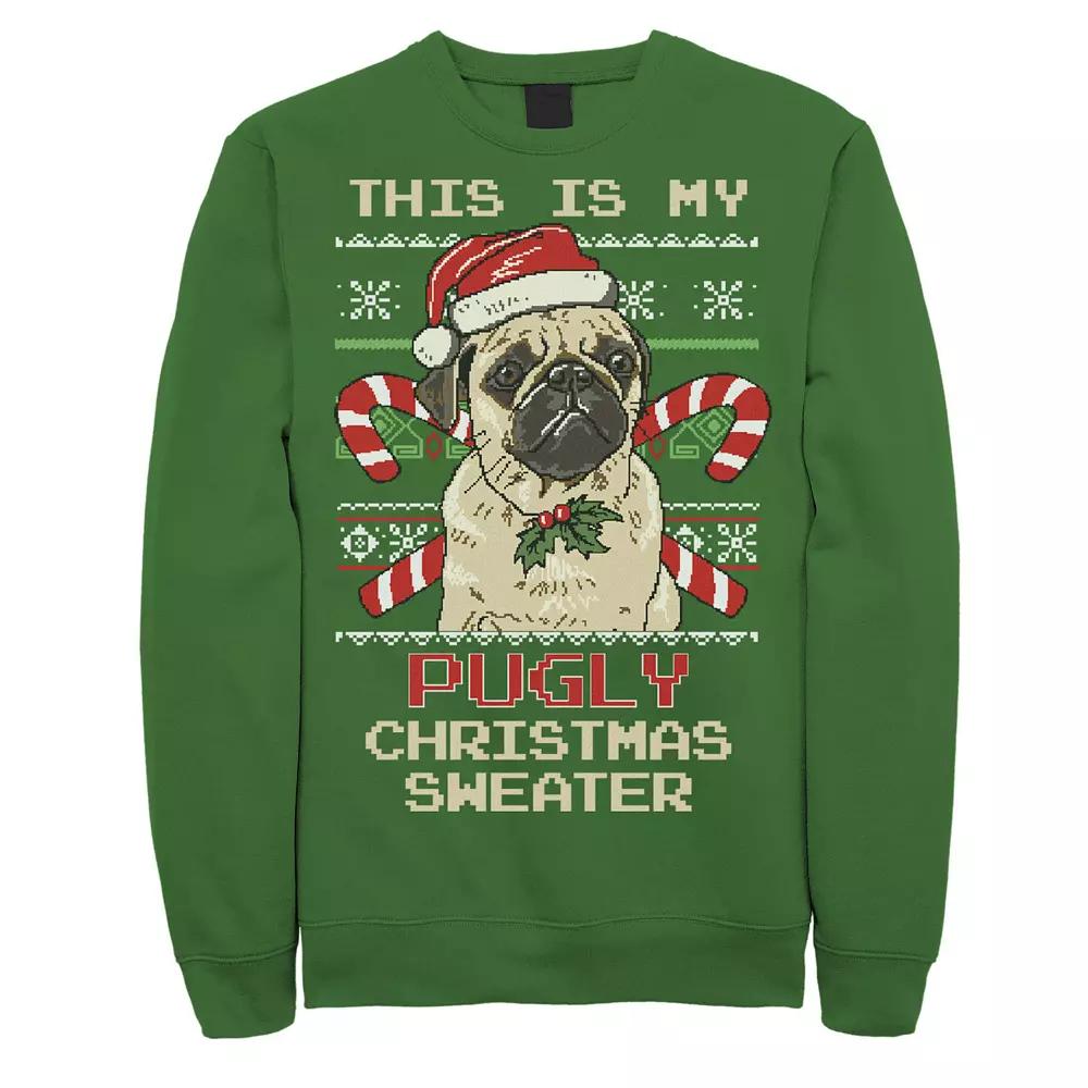 Men's Ugly Christmas Sweater Pug Candy Cane Graphic Fleece Pullover, Size: XL, Kelly Product Image