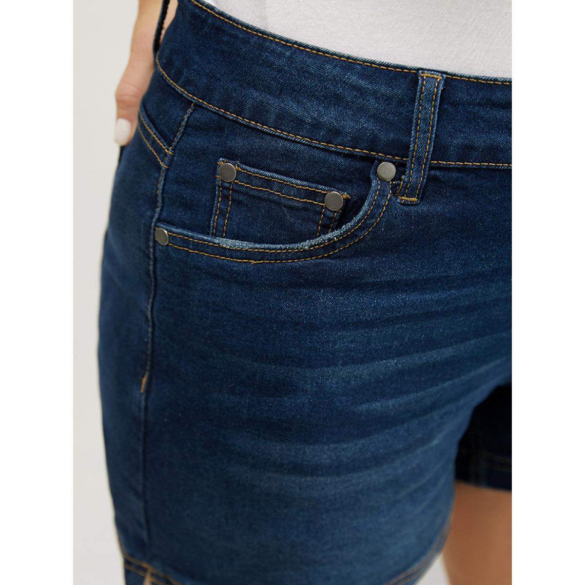 Plus Size Moderately Stretchy High Rise Dark Wash Split Hem Denim Shorts Women Midnight Medium stretch Dailywear Pocket Casual Denim Shorts BloomChic 24/3X Product Image