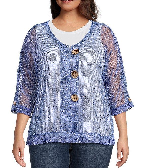 Ali Miles Plus Size Mesh Woven V-Neck Elbow Sleeve Jacket Product Image