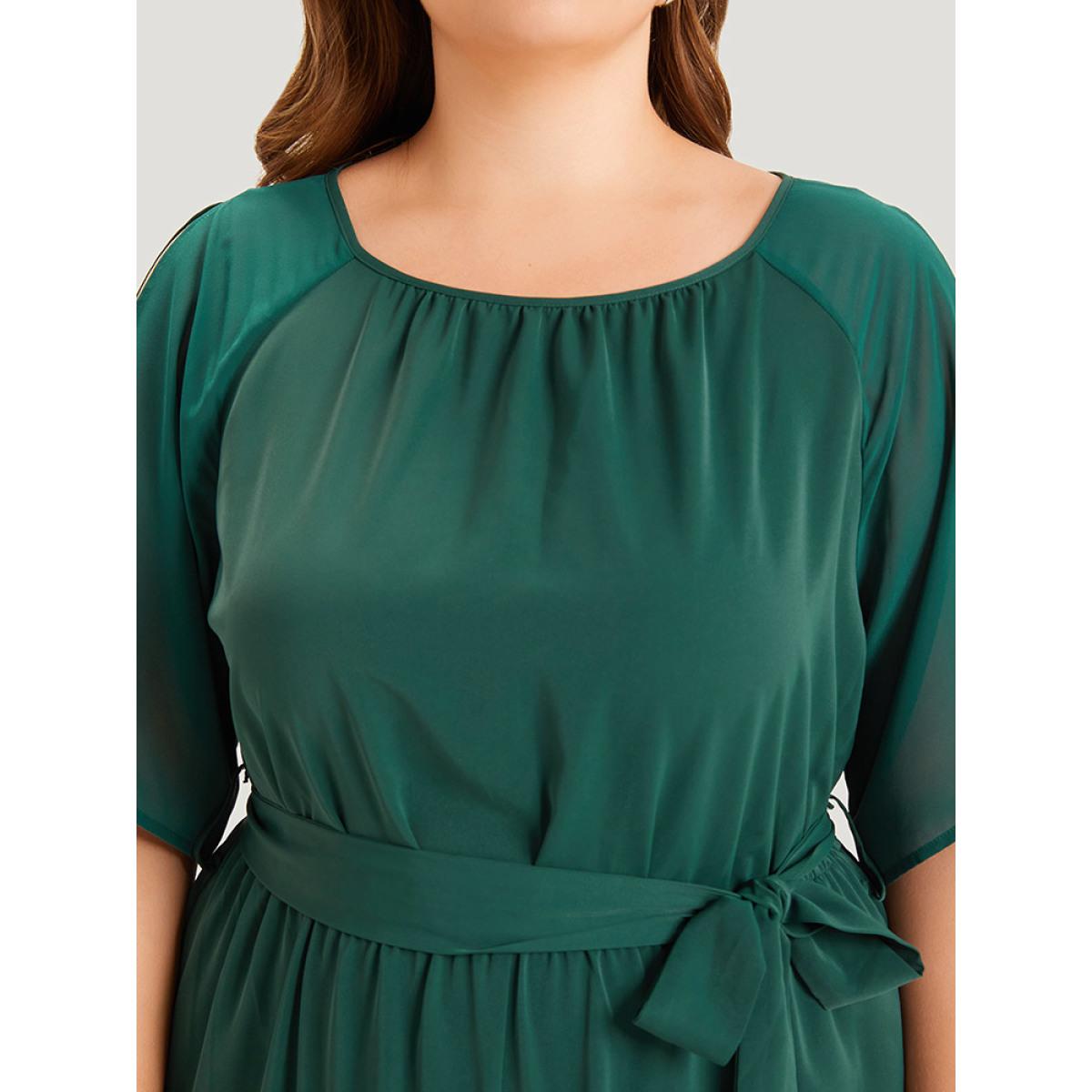 Plus Size DarkGreen Solid Belted Pocket Cut Out Zipper Jumpsuit Women Office Short sleeve Round Neck Office Loose Jumpsuits BloomChic 22-24/3X Product Image