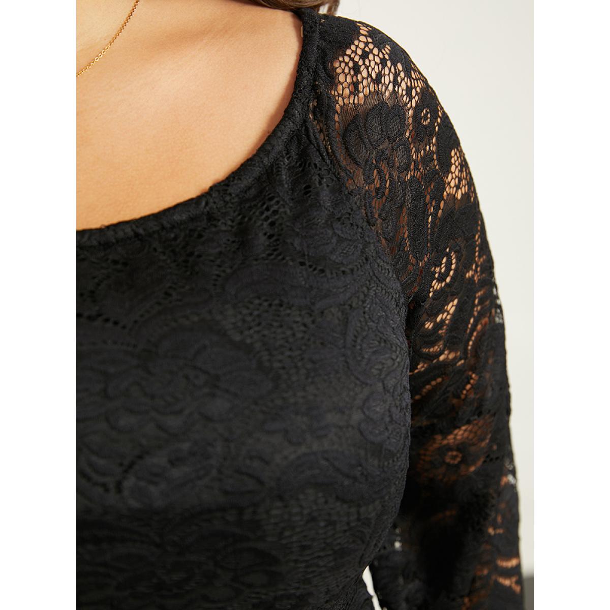 Plus Size Plain Crochet Lace Mesh Bell Sleeve Dress Black Women Glamour Plain Scoop Neck Long Sleeve Curvy Knee Dress BloomChic 18-20/2X Product Image