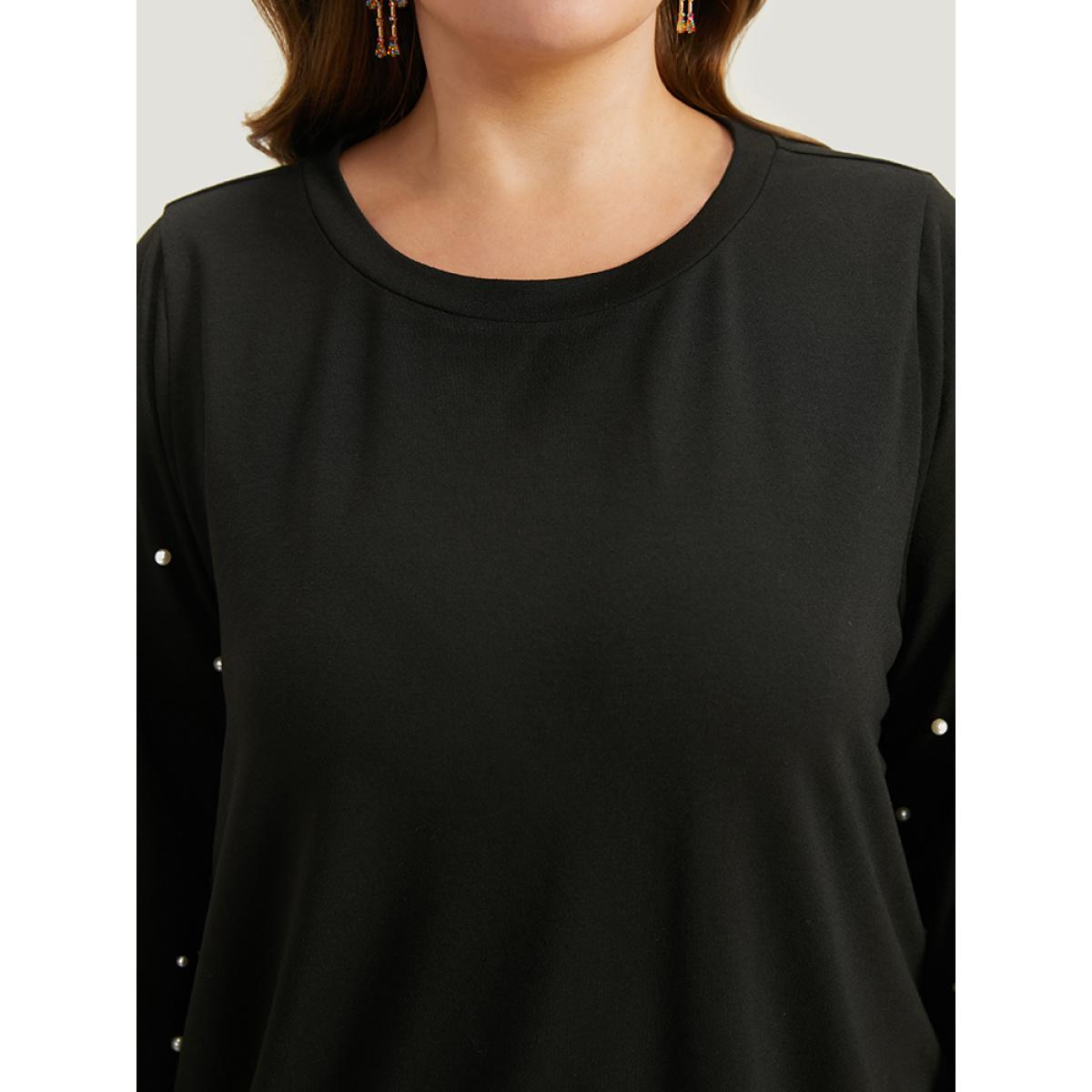 Plus Size Halloween Pearl Beaded Round Neck Sweatshirt Women Black Elegant Elastic cuffs Round Neck Festival-Halloween Sweatshirts BloomChic 18-20/2X Product Image