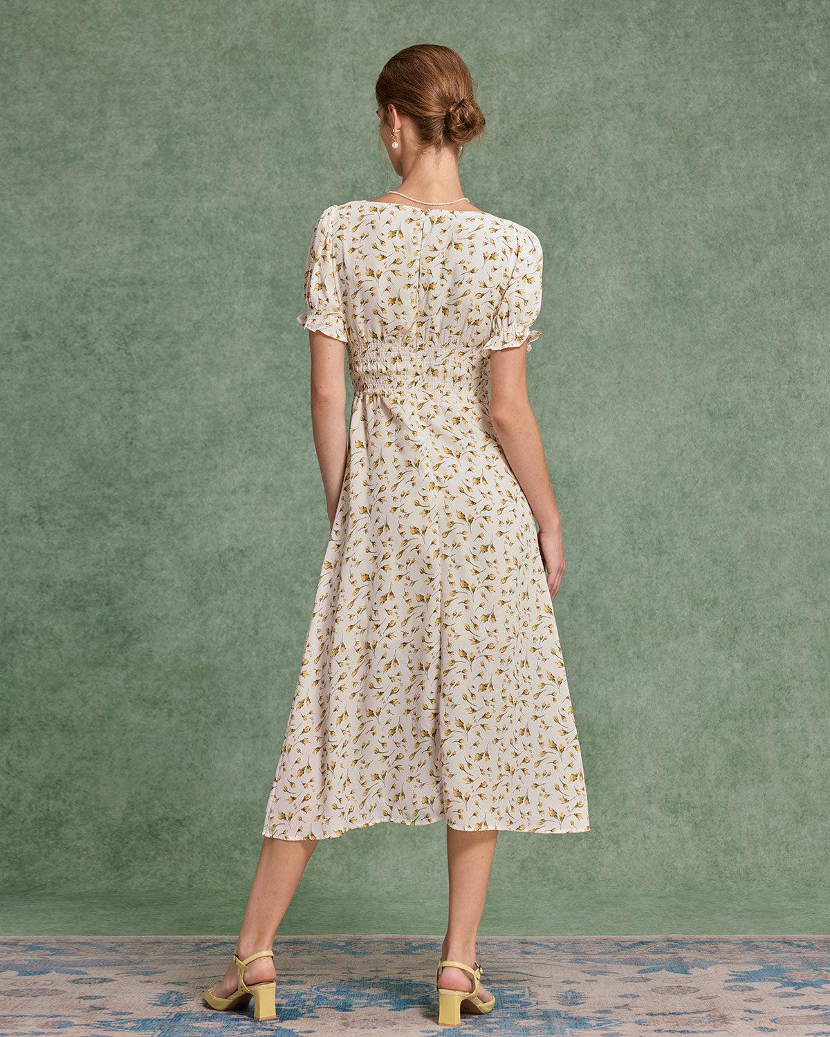 Yellow Floral Square Neck Shirred Midi Dress Product Image