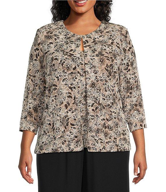 Alex Evenings Plus Size Crew Neck 3/4 Sleeve Glitter Slinky Printed Twinset Product Image