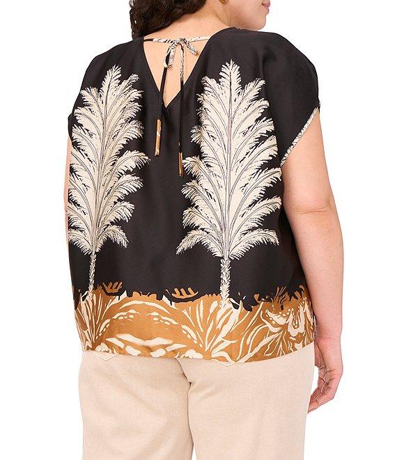 Vince Camuto Plus Size Coordinating Leaf Printed Crew Neck Short Sleeve Caftan Blouse Product Image