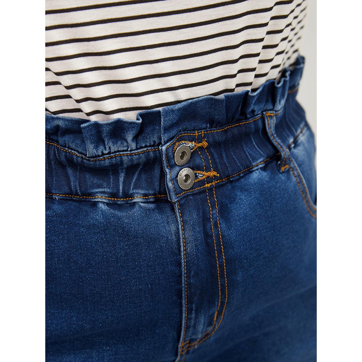 Plus Size Very Stretchy High Rise Medium Wash Paperbag Waist Denim Shorts Women Blue Casual Plain High stretch Pocket Jeans BloomChic 18/2X Product Image