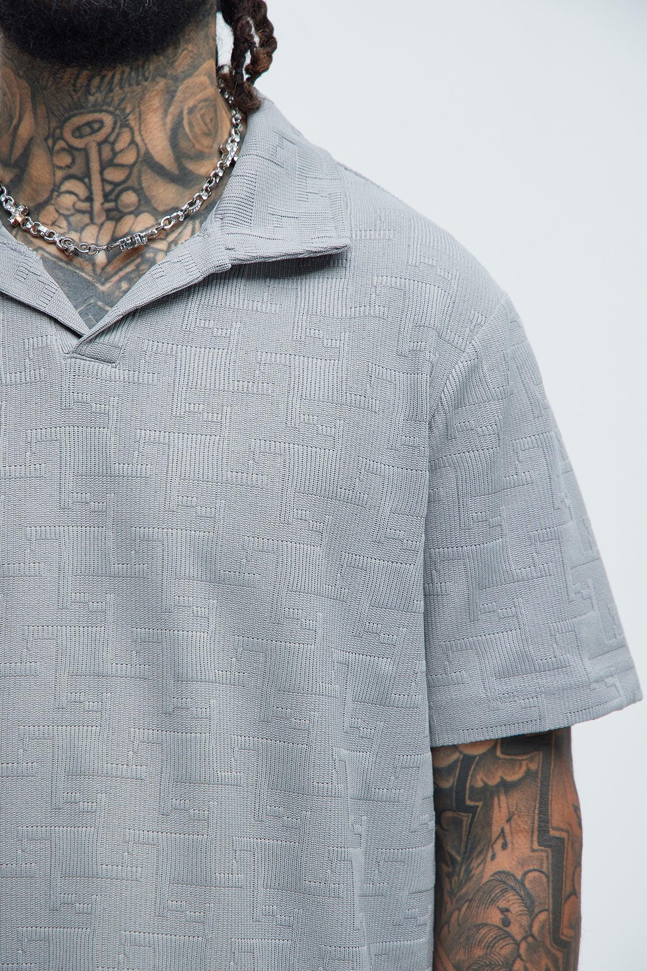 Ethel Textured Knit Johnny Collar Shirt - Grey Product Image