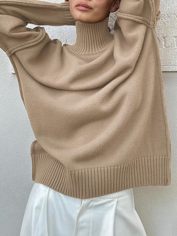 Long Sleeves Loose Solid Color Split-Joint High Neck Pullovers Sweater Tops Product Image