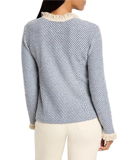 NIC + ZOE Neutral Fringe Trim Round Neck Long Sleeve Open Front Jacket Product Image