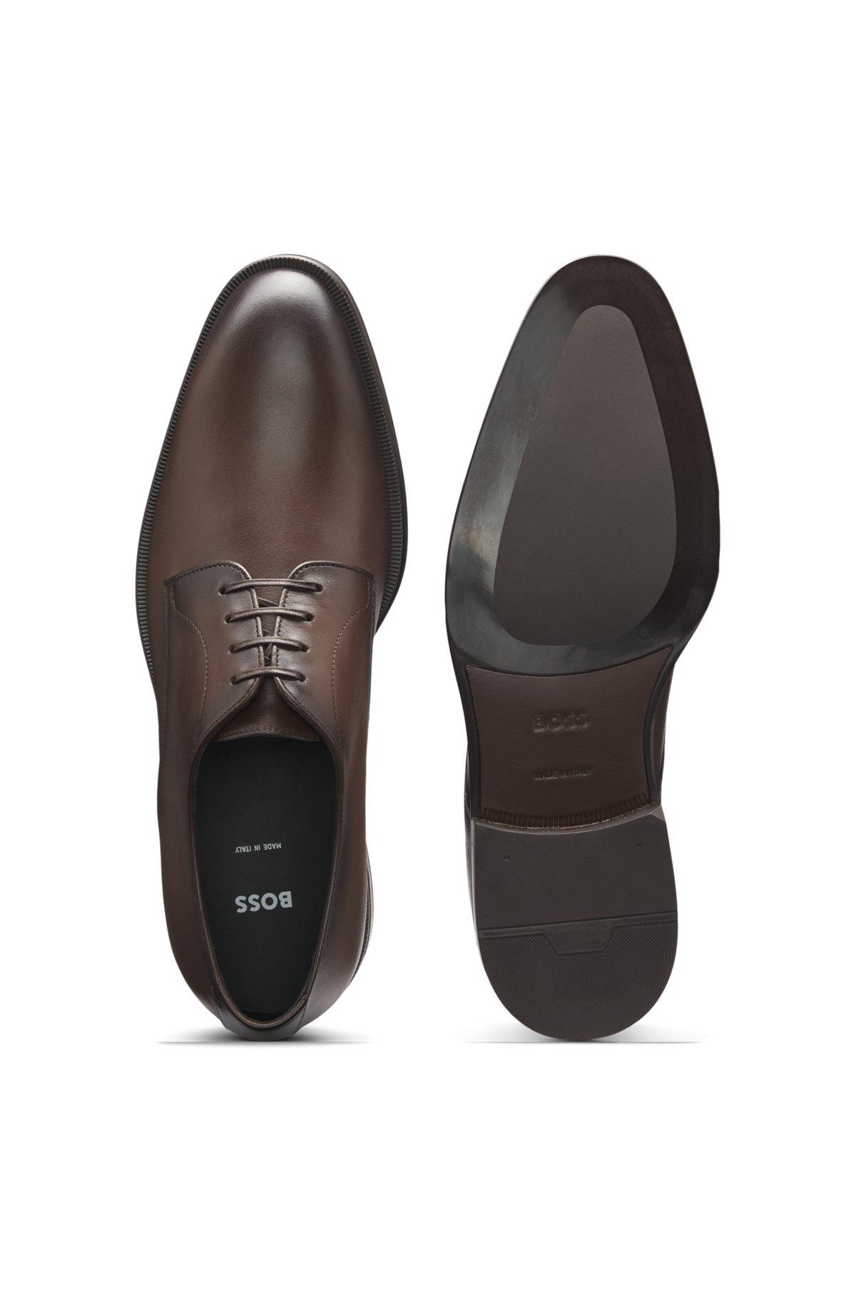 BOSS - Italian-made Derby shoes in leather with ornamental stitching - Dark Brown Product Image