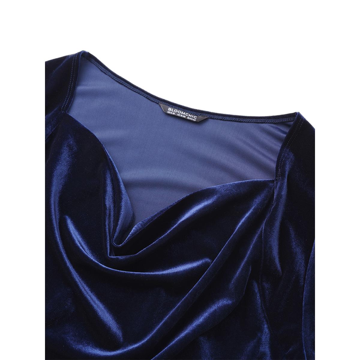 Plus Size Indigo Plain Velvet Cowl Neck Blouse Women Elegant Elbow-length sleeve Cowl Neck Party Blouses BloomChic 26/4X Product Image