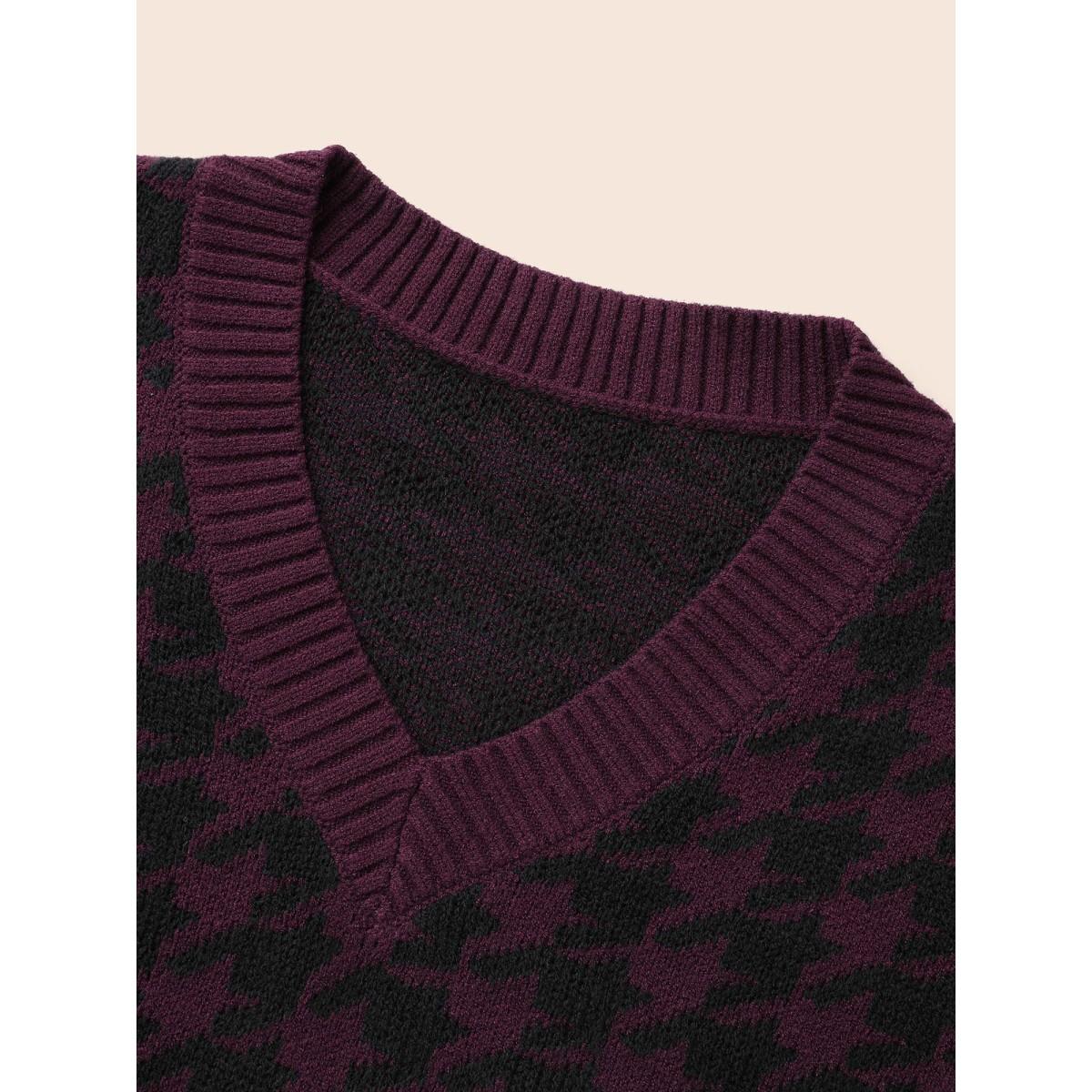 Plus Size V Neck Houndstooth Drop Shoulder Pullover Plum Women Casual Loose Long Sleeve V-neck Everyday Pullovers BloomChic 26/4X Product Image