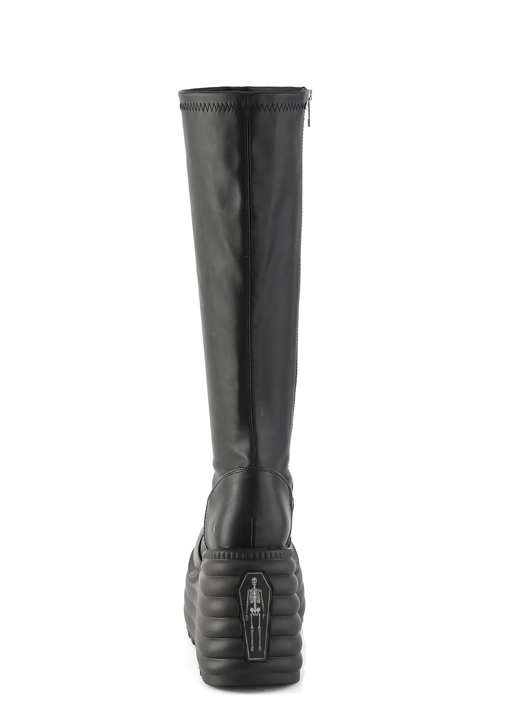 Demonia Morte-300 Platform Stretch Knee High Wedge Boots - Black Product Image