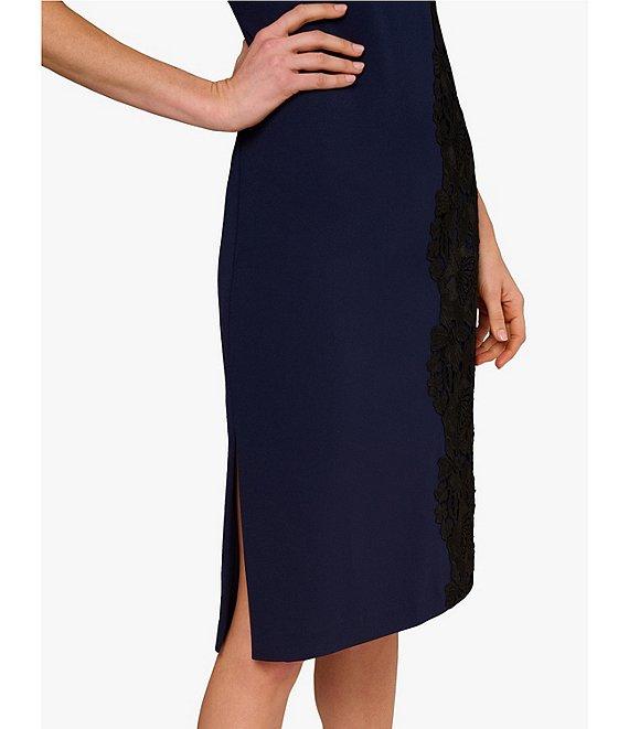 Aidan Mattox Crepe Knit Asymmetrical Neck Side Lace Panel Sheath Midi Dress Product Image